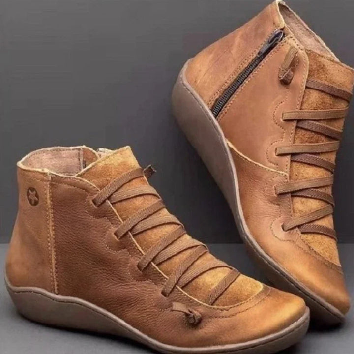 Brown lace-up ankle boots with side zip, pair view