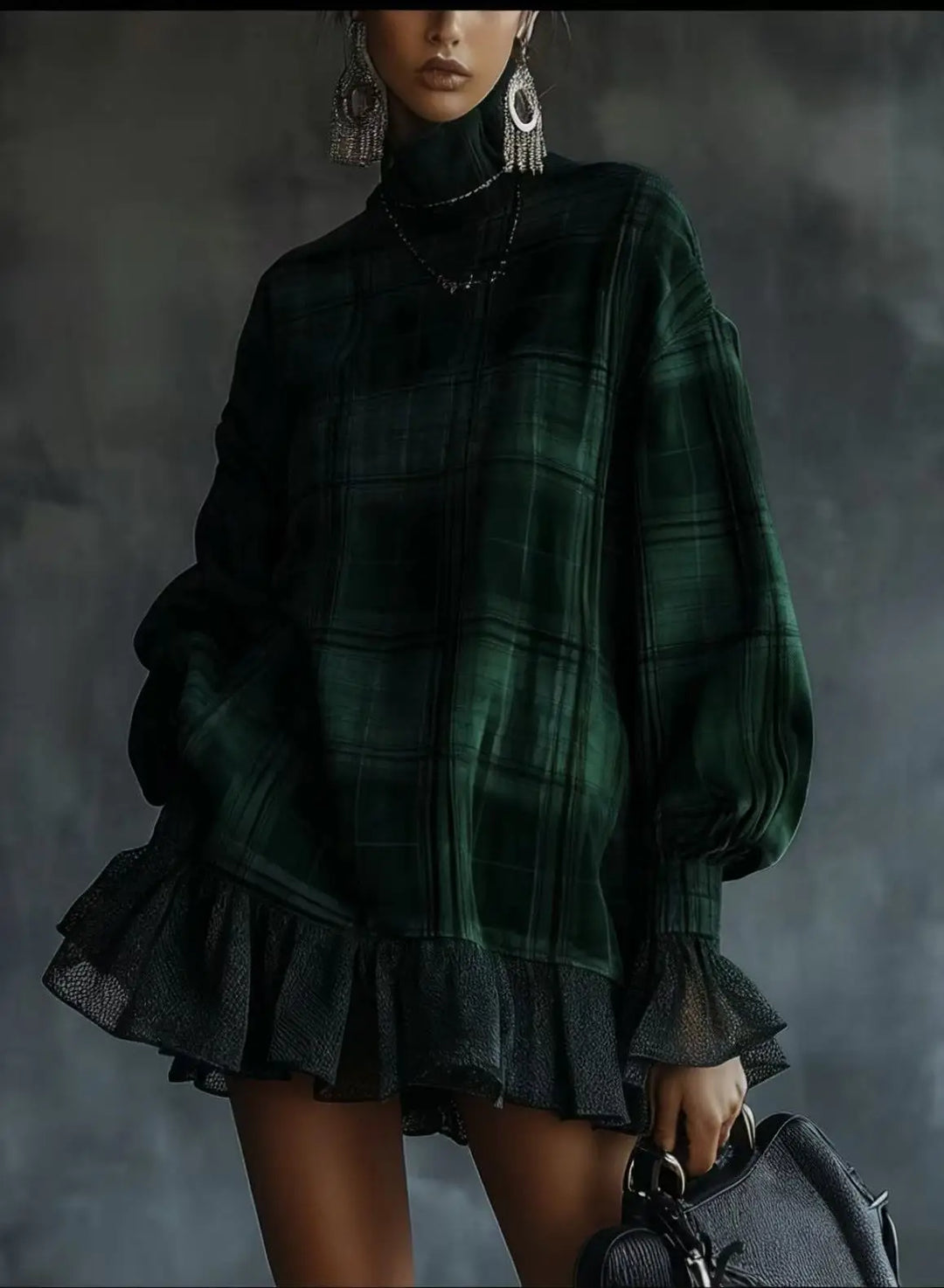 Close view of green plaid mini dress with ruffle hem and turtleneck