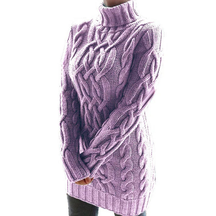 Purple cable knit turtleneck sweater dress, front angled view