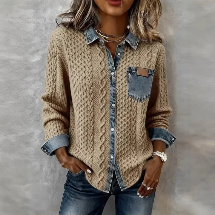 Camel cable knit shirt jacket with denim collar and pocket