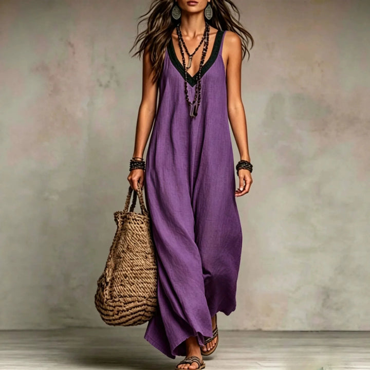 Zara Bohemian V Neck Sleeveless Cotton Linen Maxi Dress