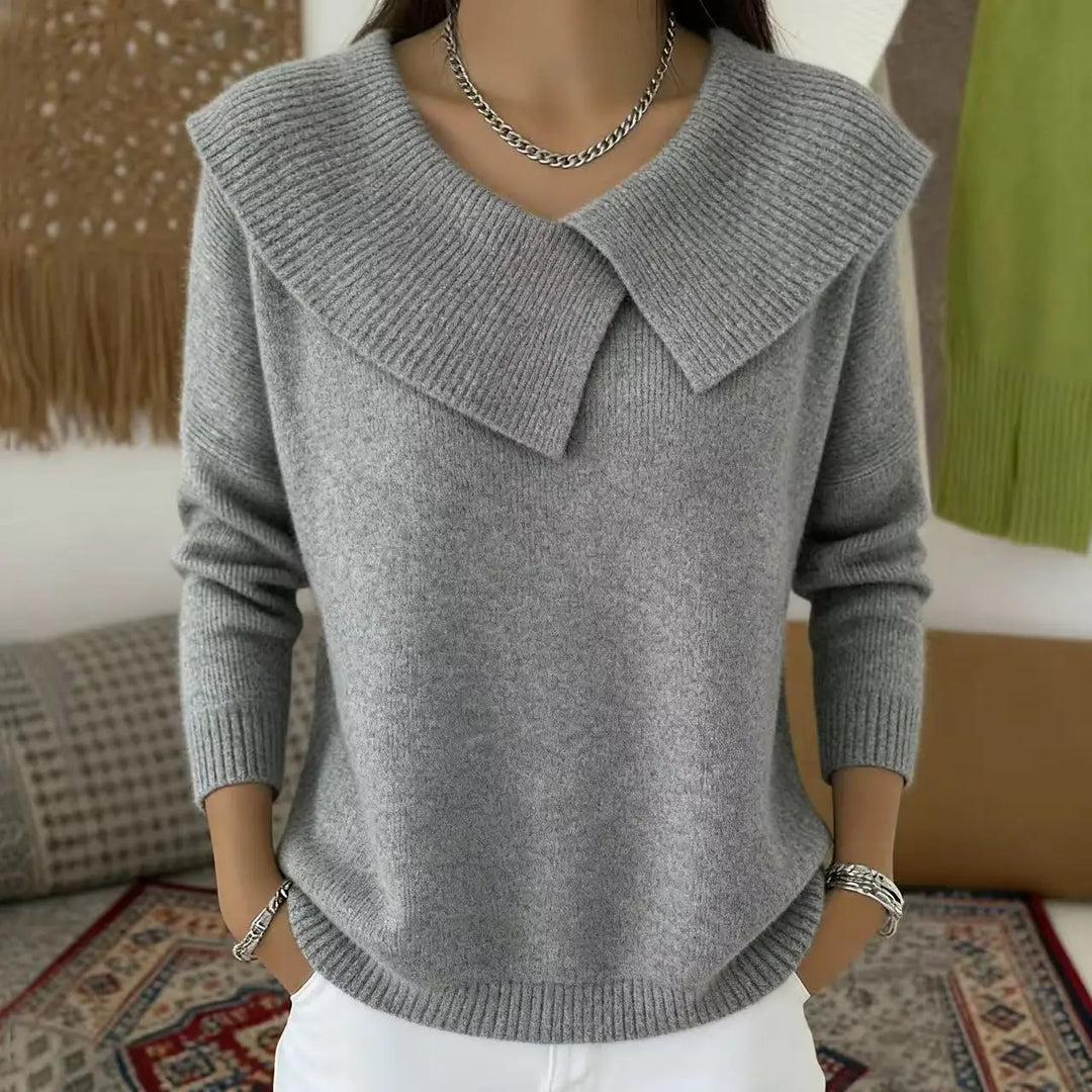 Grey sweater with oversized draped collar, front view