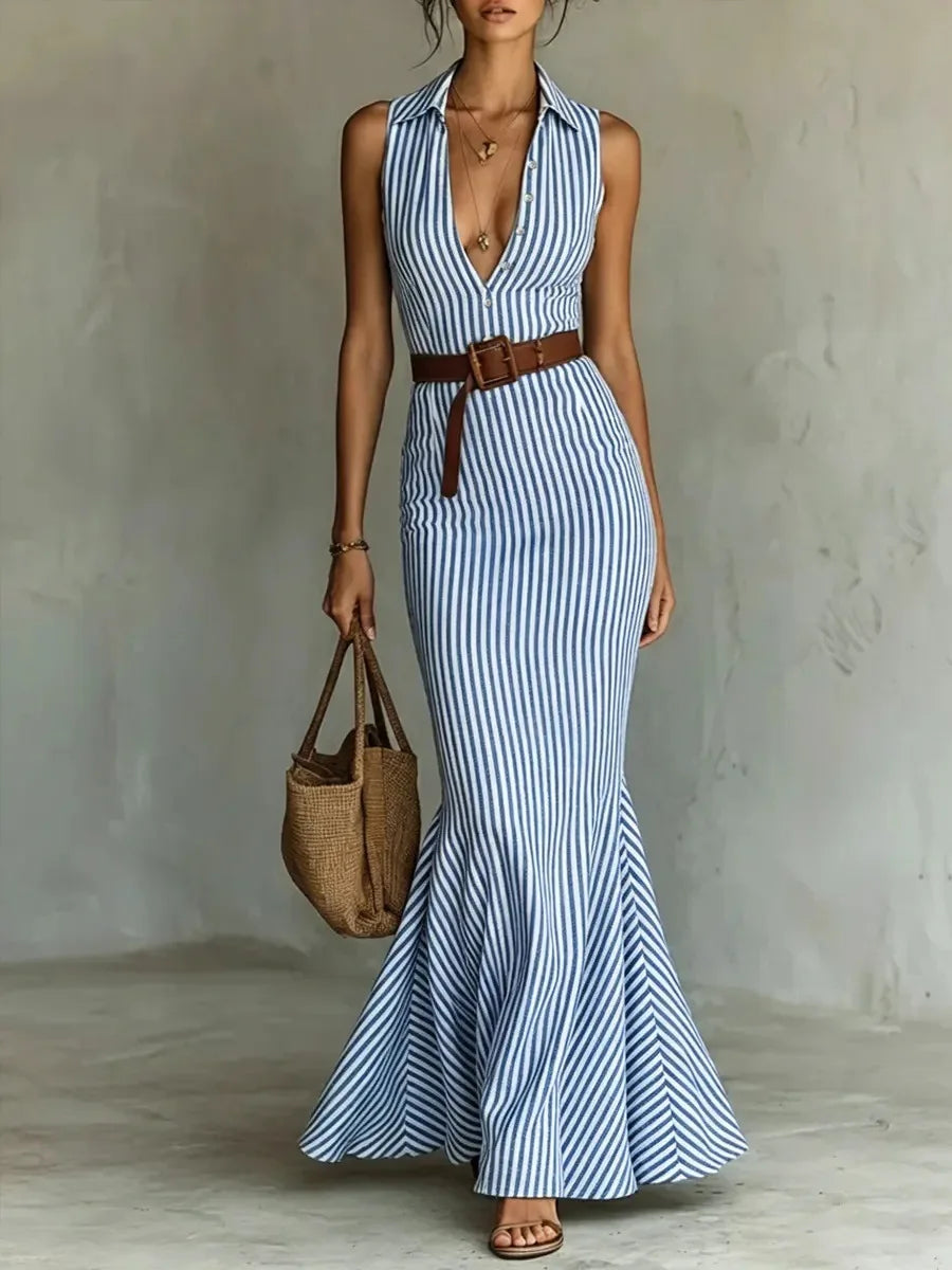 Ada Elegant V Neck Striped Long Dress
