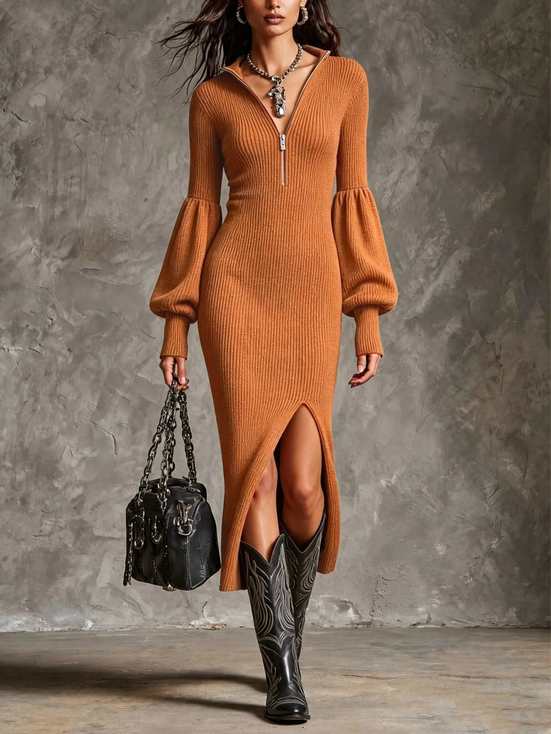 Astrid Half Zip Ribbed Midi Dress