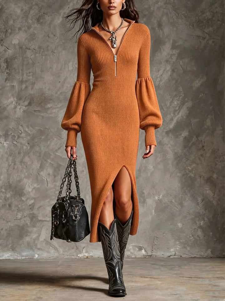 Astrid Half Zip Ribbed Midi Dress