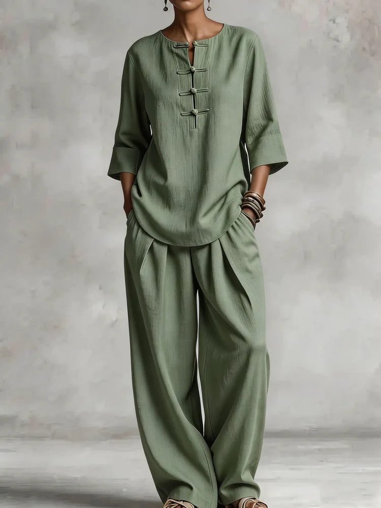Angela Button Up Shirt Casual Trouser Set