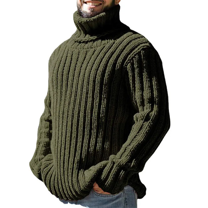 Man wearing army green ribbed turtleneck sweater