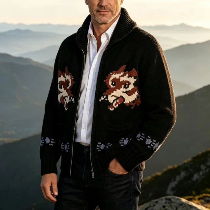 Man wearing black fox graphic zip-front knit cardigan on mountain