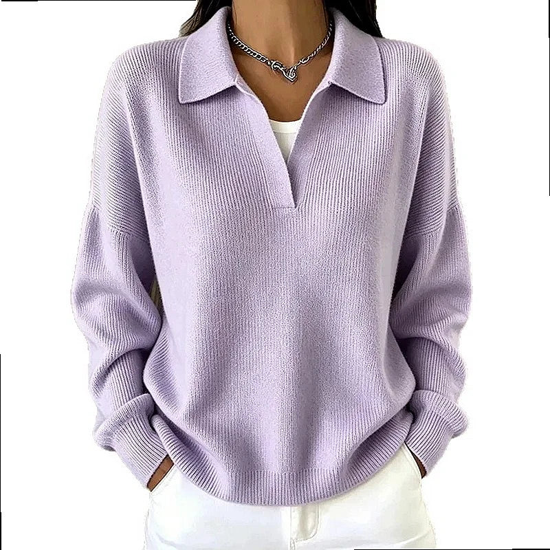 Woman wearing light purple ribbed knit polo sweater with deep V neckline