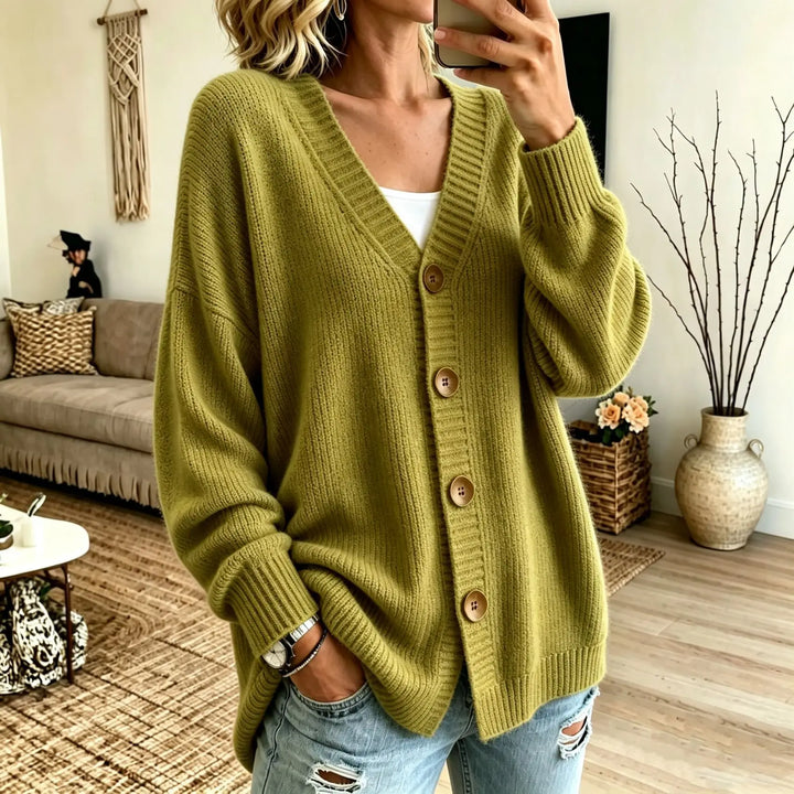 Olive green oversized button-front V-neck cardigan sweater
