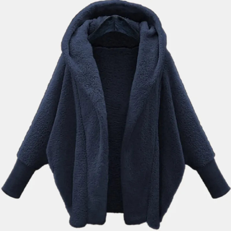 Navy blue hooded fleece coat with batwing sleeves, front view