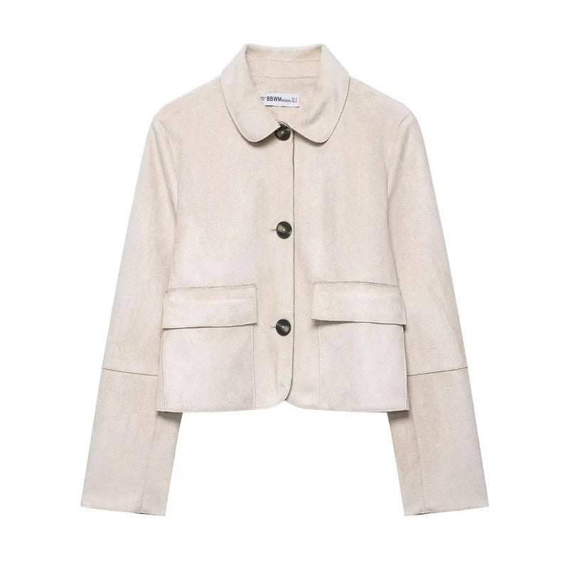 Beige suede jacket front view
