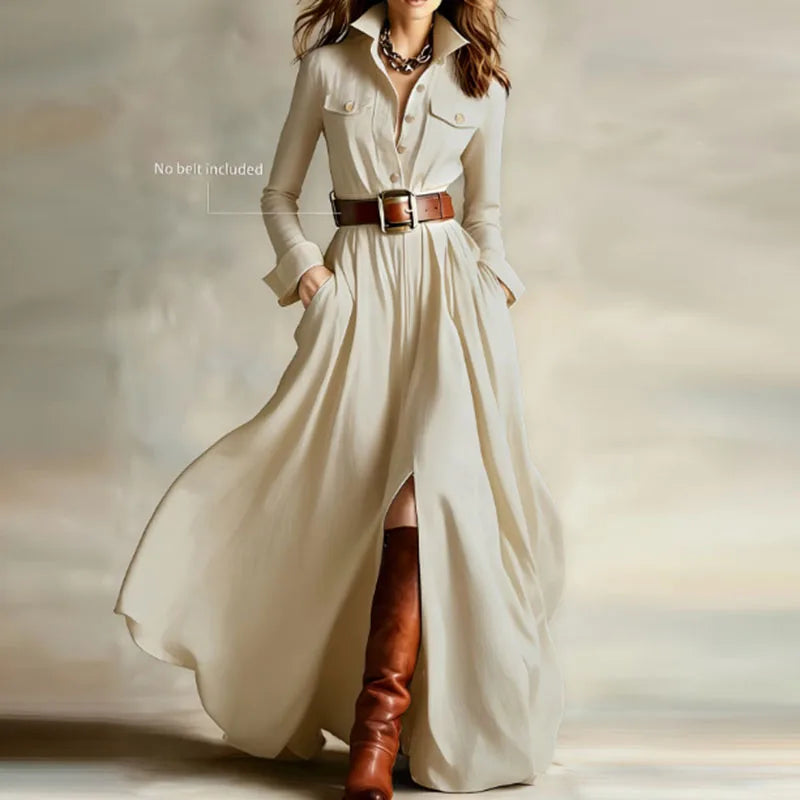 Model wearing cream maxi shirt dress with belt and knee-high boots, full length