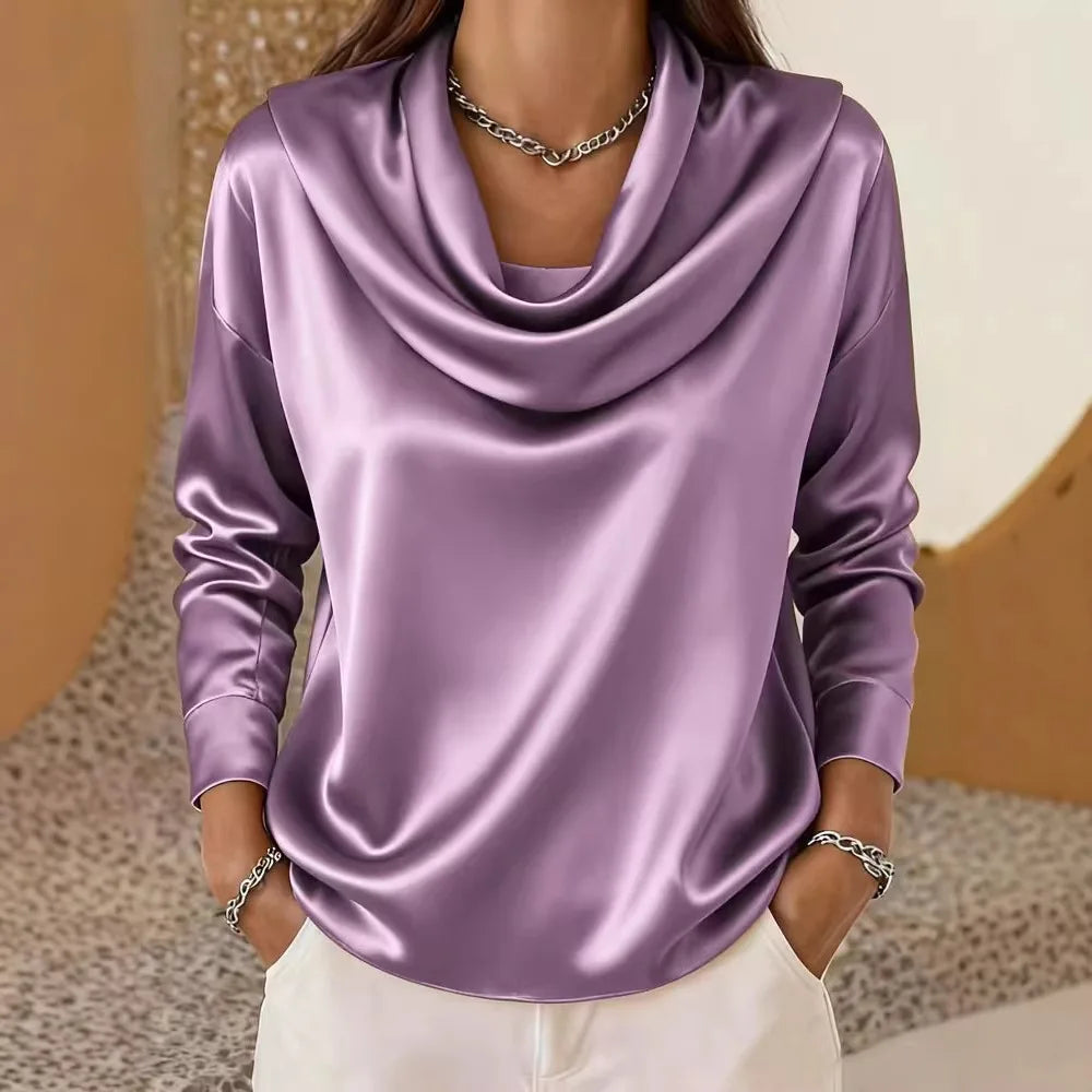 Woman wearing lilac purple satin cowl neck blouse