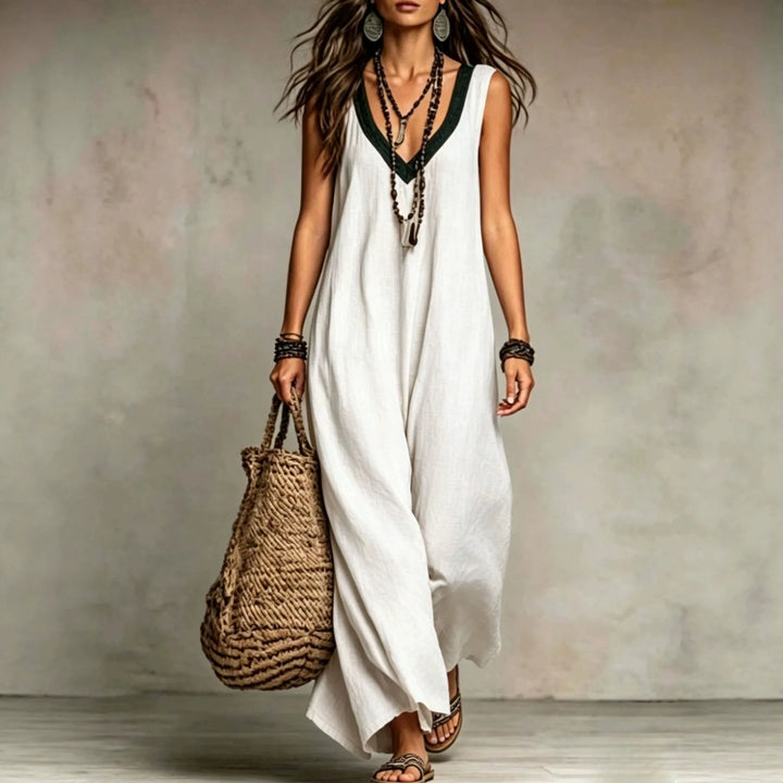 Zara Bohemian V Neck Sleeveless Cotton Linen Maxi Dress