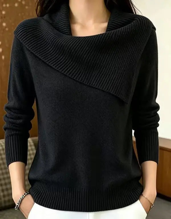 Black sweater with asymmetric foldover ribbed collar, front view