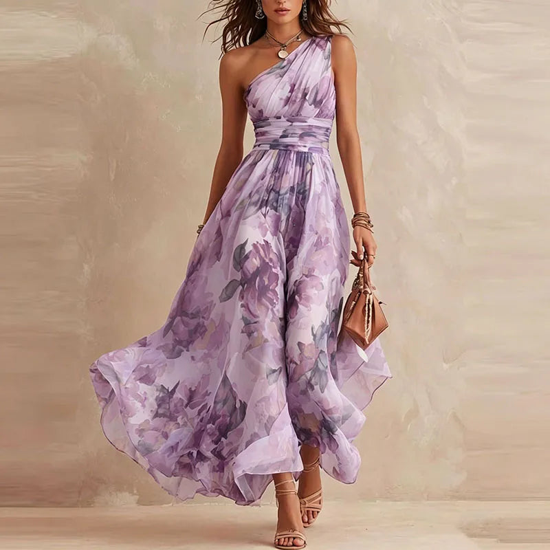 Purple floral one-shoulder maxi dress front view