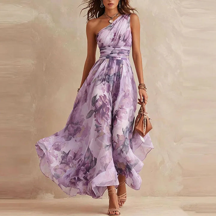 Purple floral one-shoulder maxi dress front view