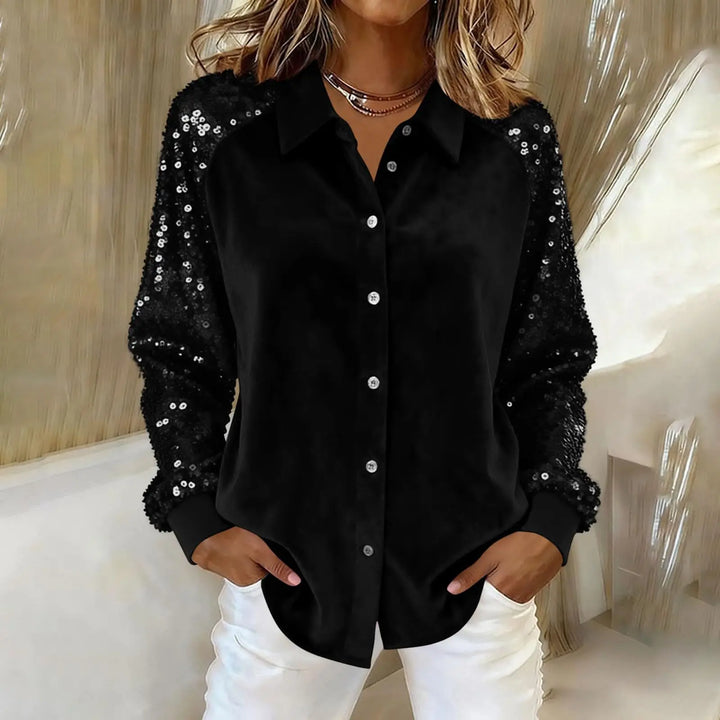 Black velvet blouse with sequined sleeves, front view