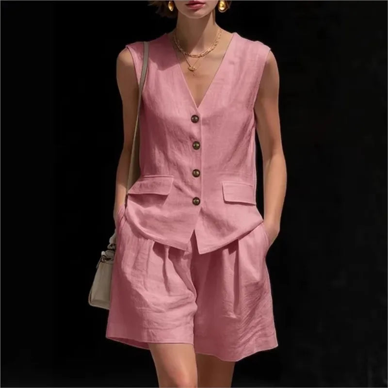 Aubrey Button Vest Shorts Set