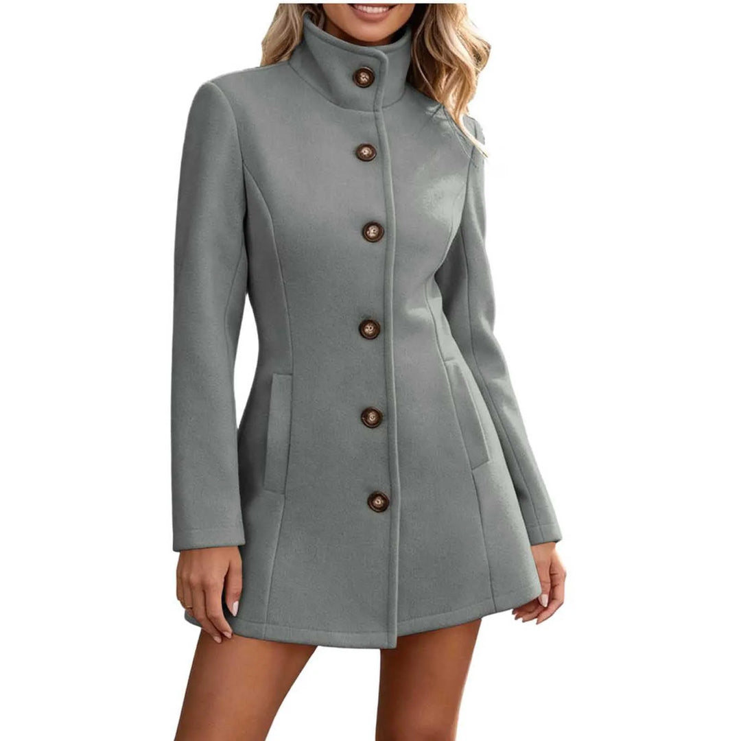 Dark gray stand collar wool coat with button front