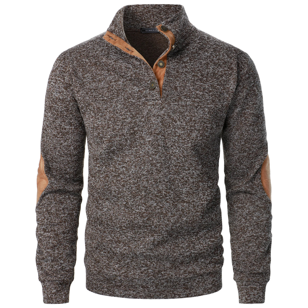 Coffee heathered quarter-button pullover with suede elbow patches, front view