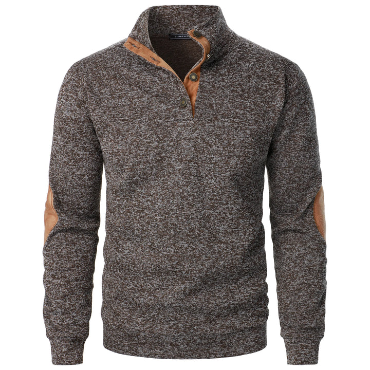 Coffee heathered quarter-button pullover with suede elbow patches, front view