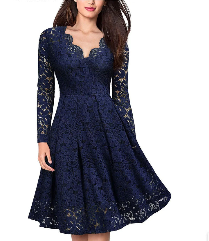 Wynne Lace Long Sleeve V Neck Midi Dress