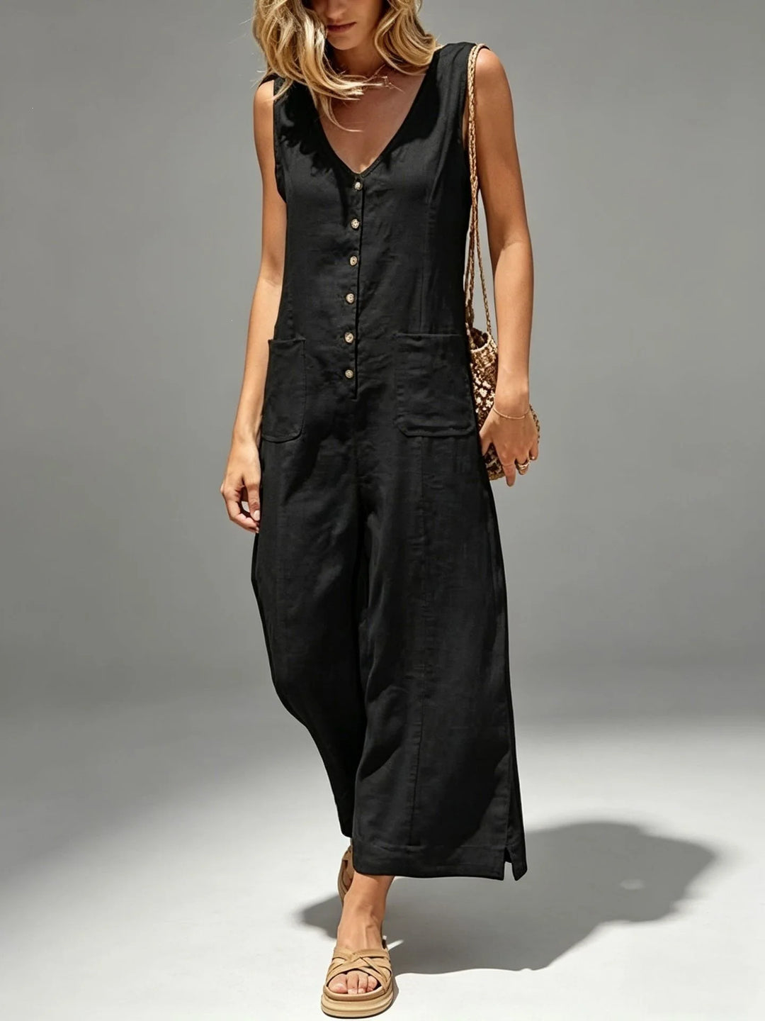 Vivian Breathable Cotton Linen Wide Leg Jumpsuit
