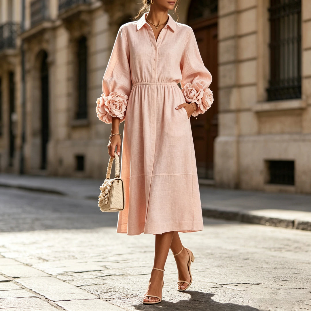 Woman walking outdoors in pink floral cuff midi dress