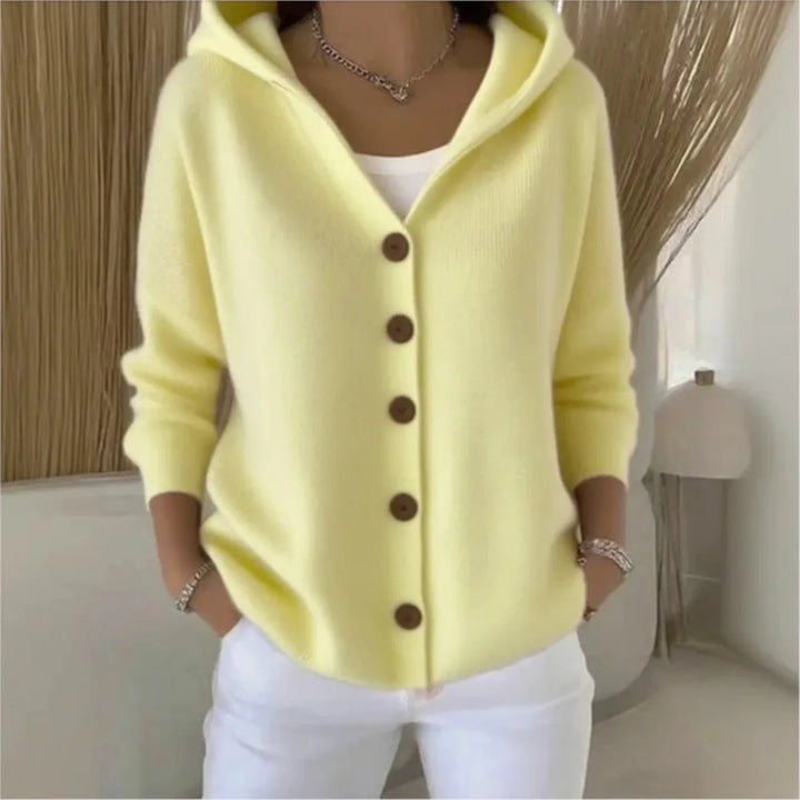 Yellow hooded button front knit cardigan, front view