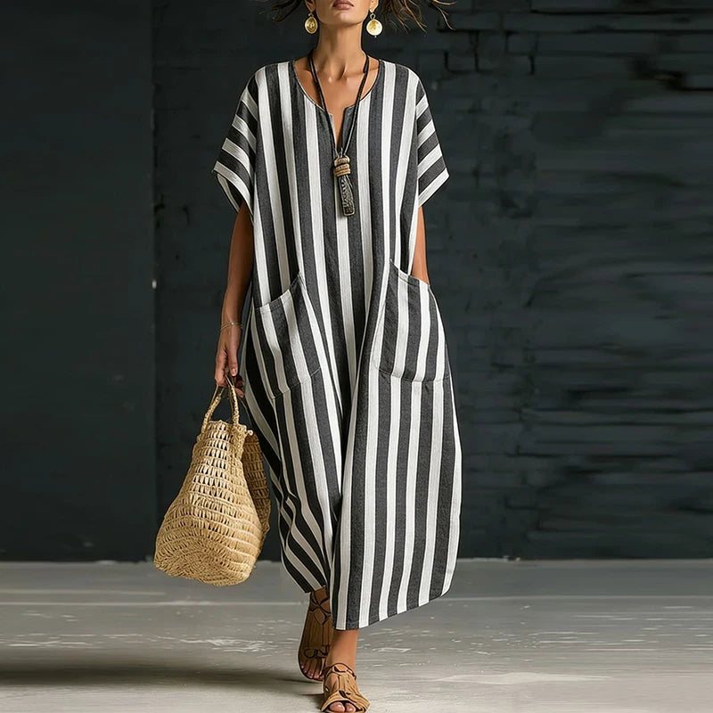 Rosemyn Striped V Neck Boho Maxi Dress