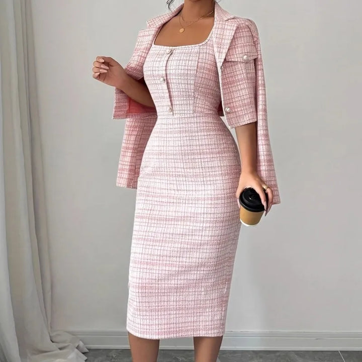 Woman wearing pink tweed cropped jacket over matching sheath dress