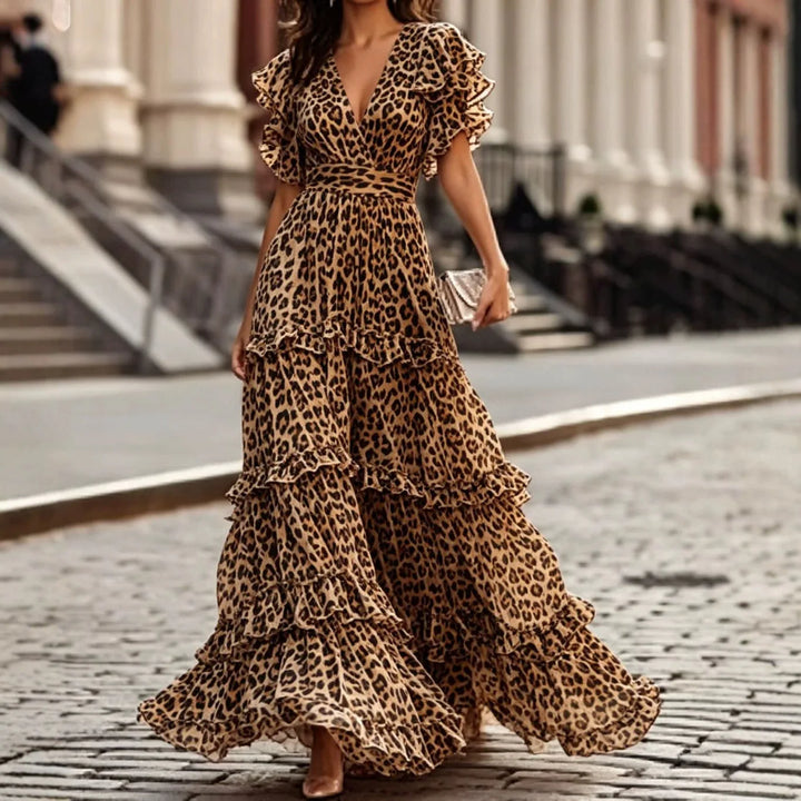 Leopard print tiered ruffle maxi dress with V-neckline, front view