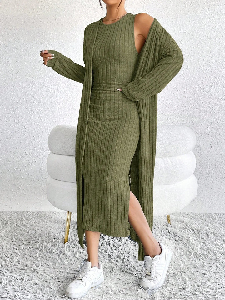 Woman wearing military green ribbed sheath dress with matching long duster cardigan