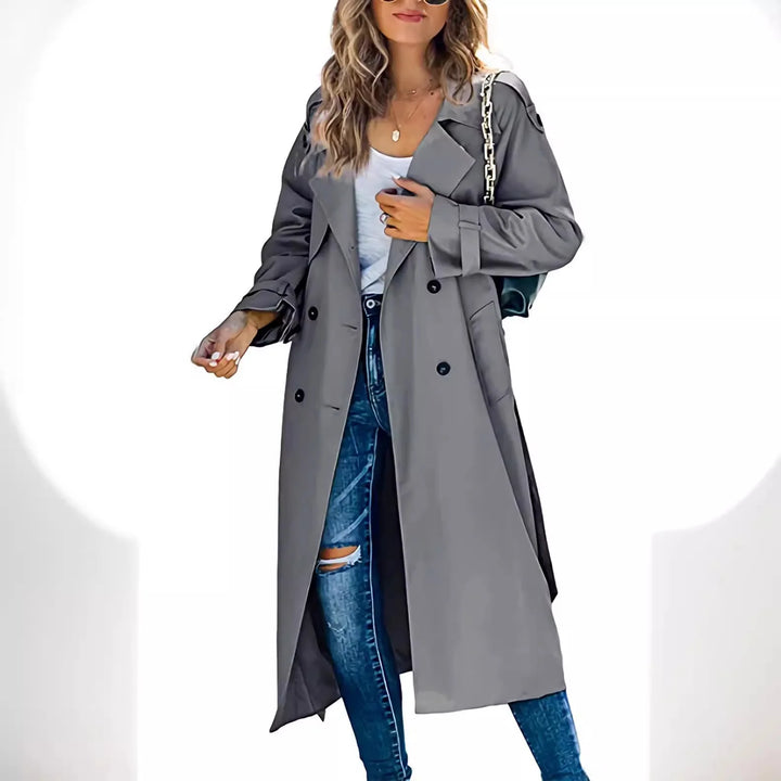 Woman wearing gray oversized double breasted trench coat