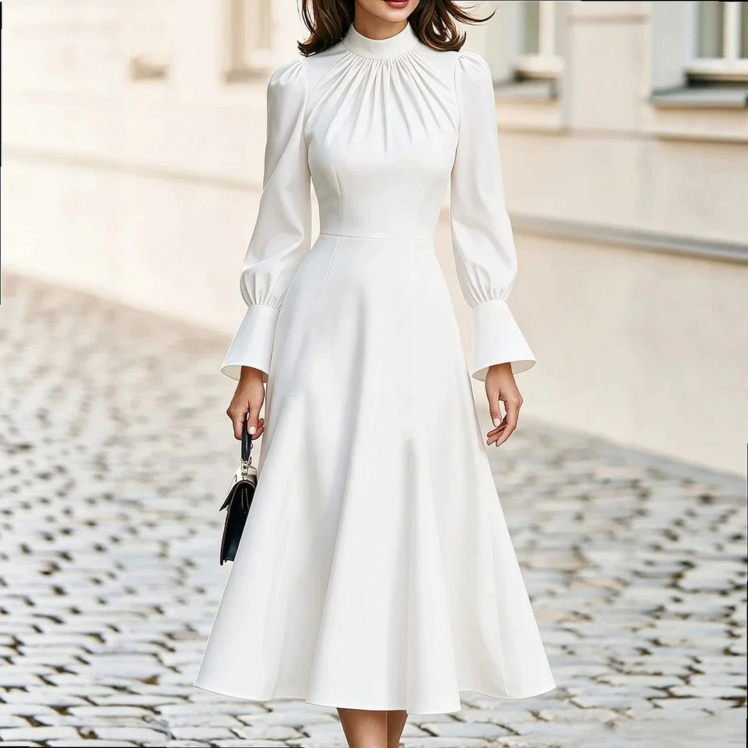 White mock neck midi dress with flared cuff sleeves, front view