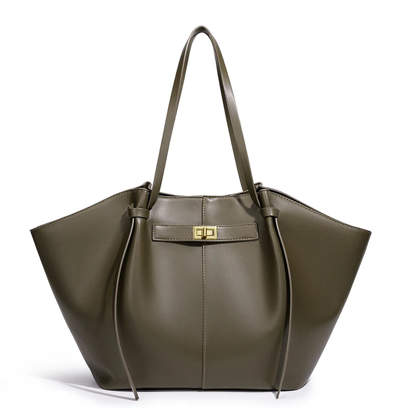 Army green leather winged tote bag front view