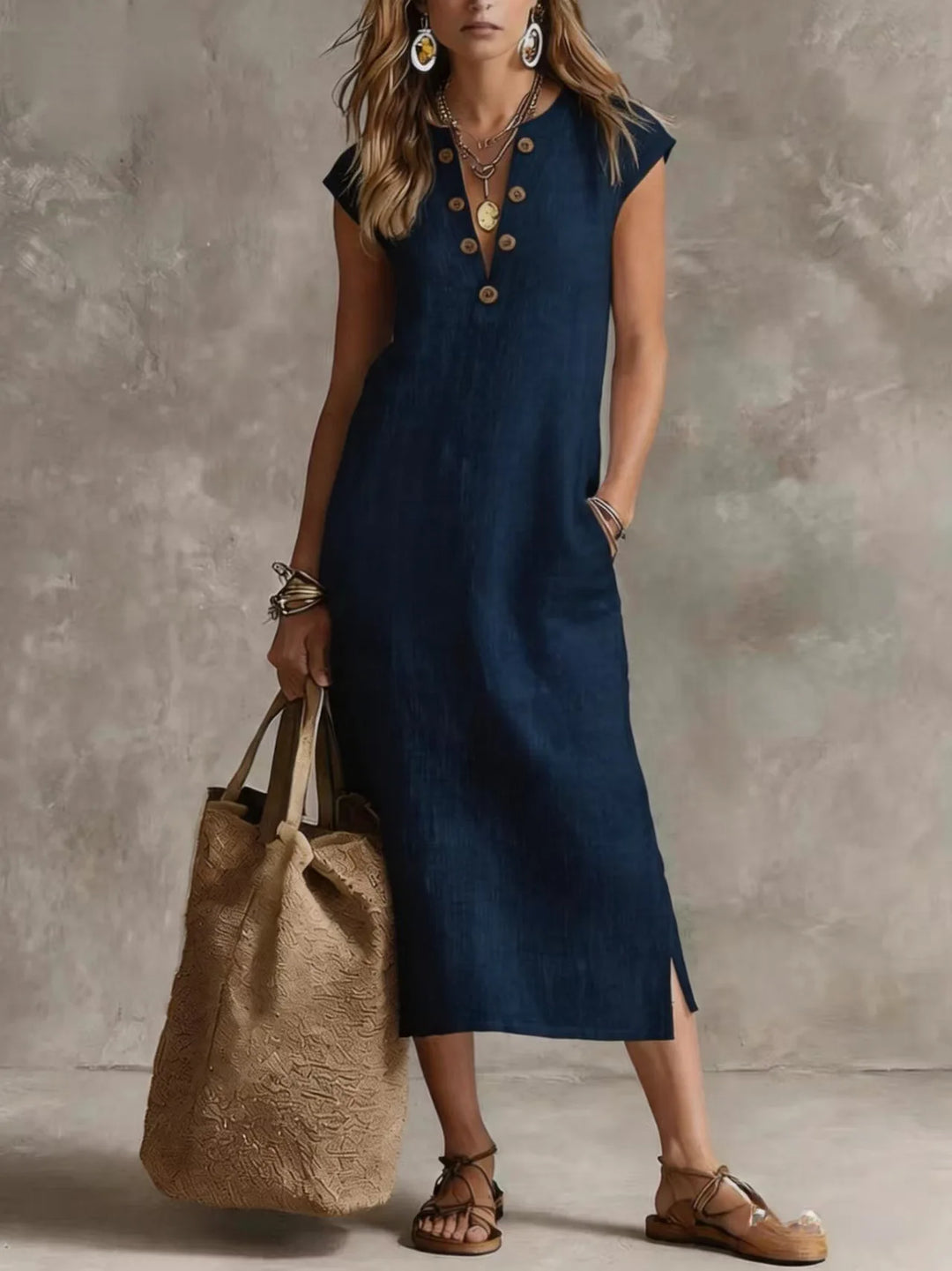Sadie Relaxed V Neck Button Front Midi Dress