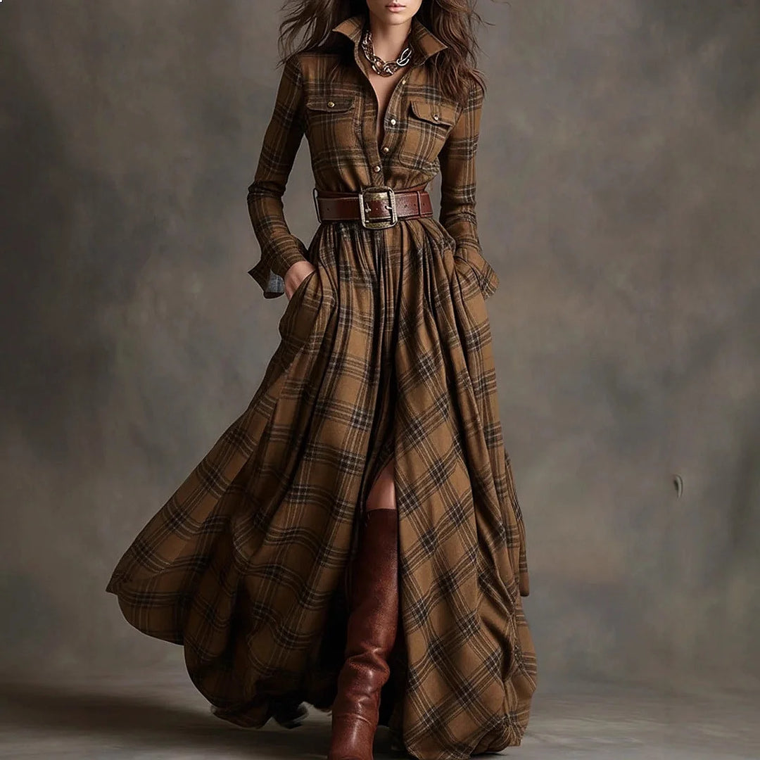 Woman wearing camel plaid belted maxi shirt dress