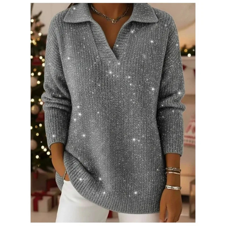 Woman wearing gray ribbed knit pullover sweater with notched collar
