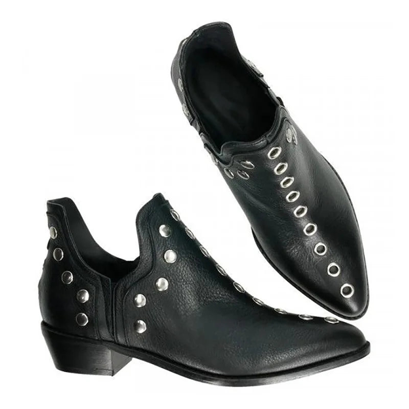 Pair of black leather grommet ankle boots side view
