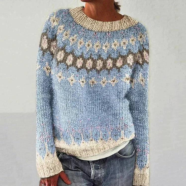 Light blue and cream Fair Isle sweater with diamond pattern yoke