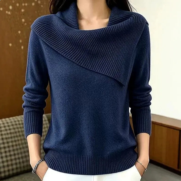 Navy sweater with asymmetric foldover ribbed collar, front view