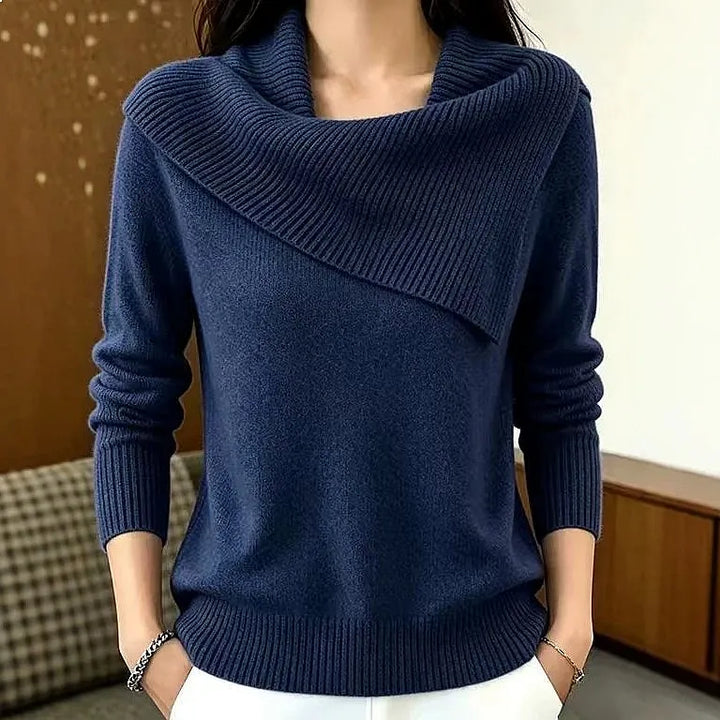 Navy sweater with asymmetric foldover ribbed collar, front view
