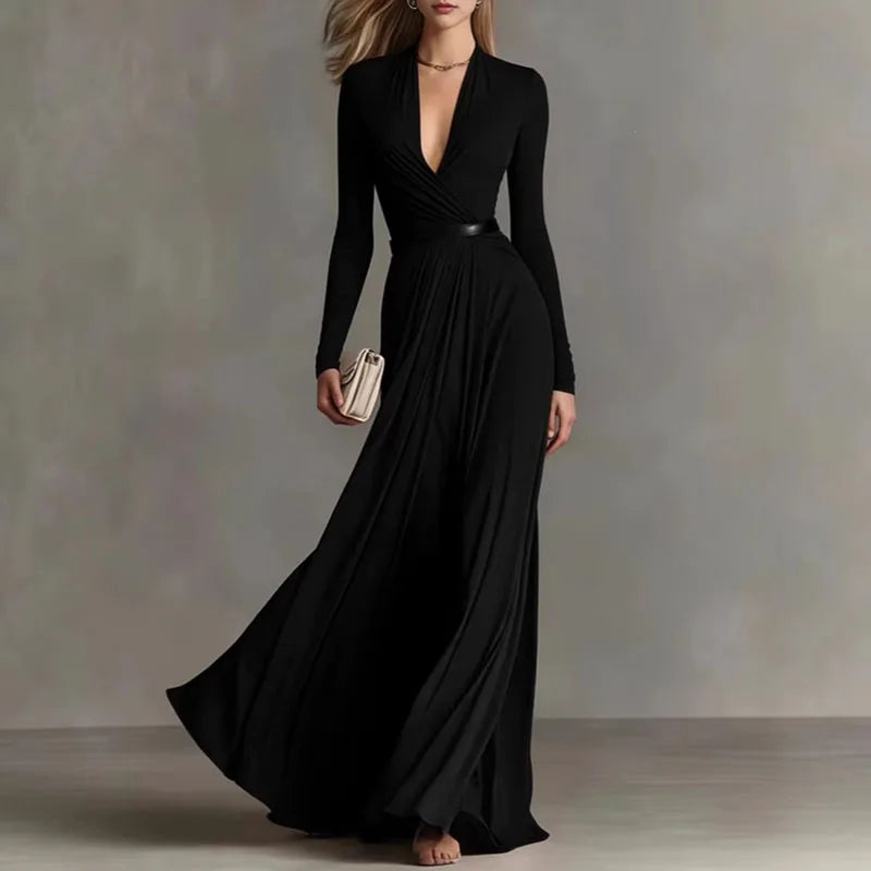 Black deep V-neck maxi dress with belted waist, front view