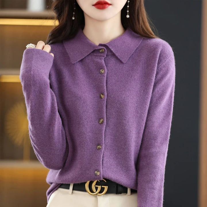 Purple polo collar knit cardigan, front view
