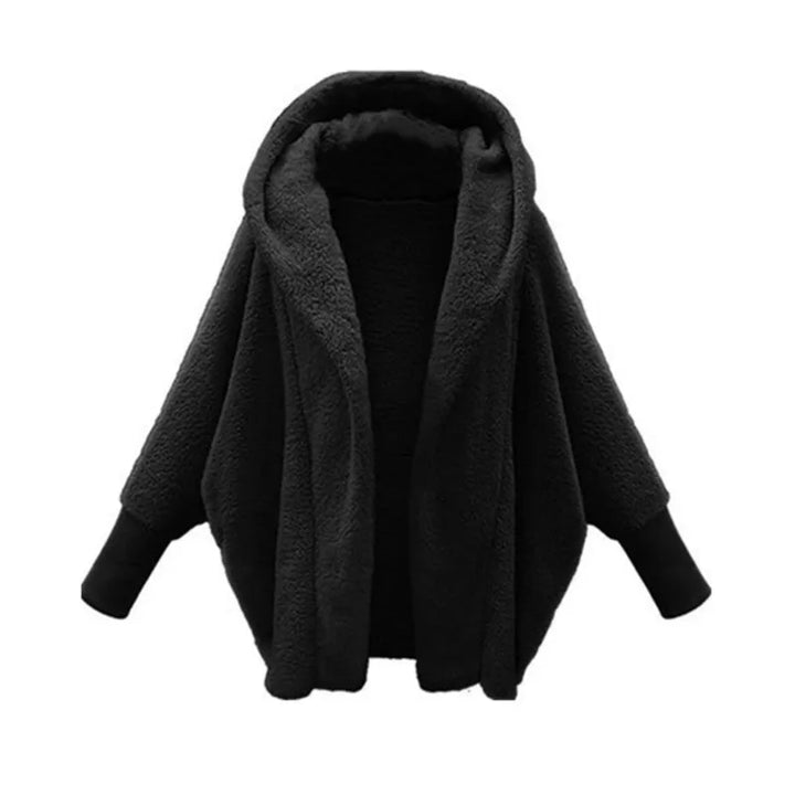 Black hooded fleece coat with batwing sleeves, front view