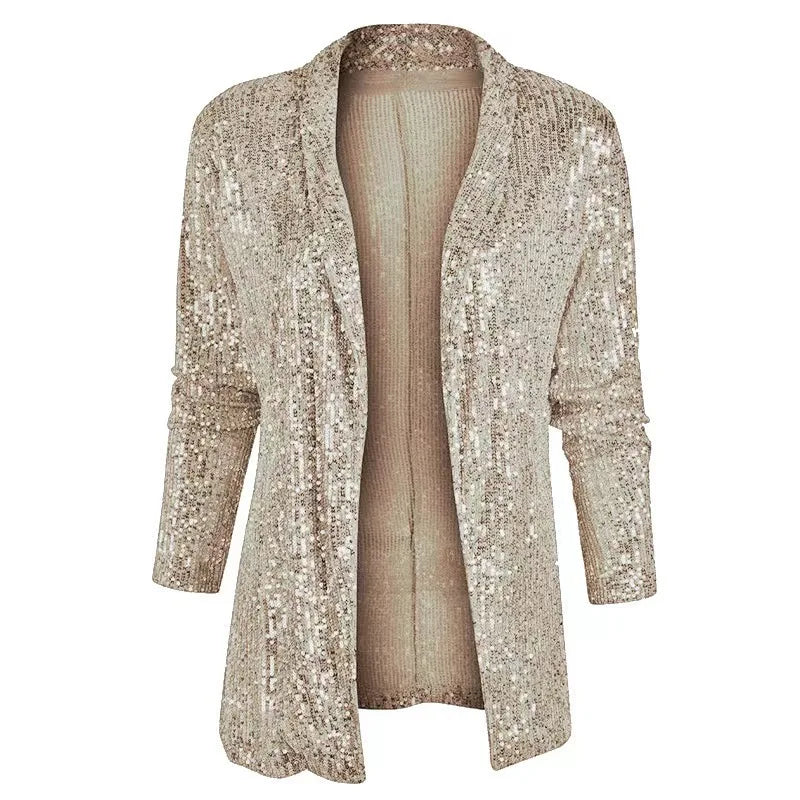 Champagne sequin open-front cardigan jacket, front view