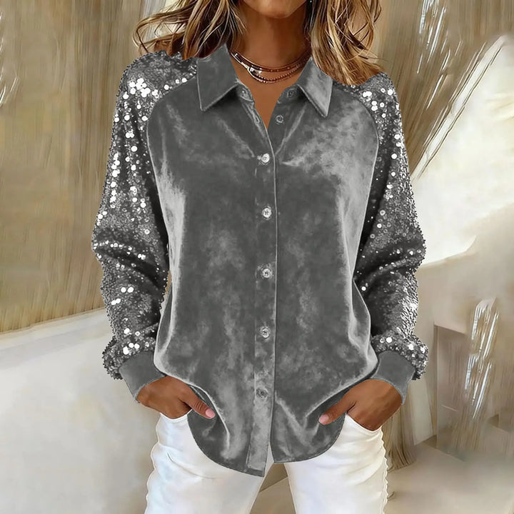 Gray velvet blouse with sequined sleeves, front view